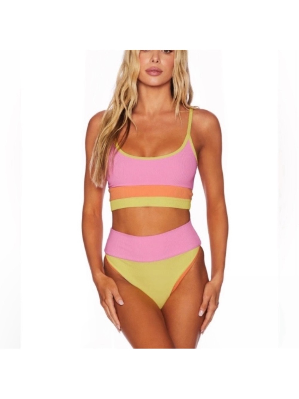 Beach Riot Pink, Yellow & Orange Ribbed High-Waist Bikini
